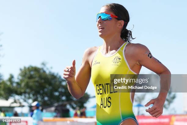 Ashleigh Gentle of Austraia runs during the Mixed Team relay during the Triathlon on day three of the Gold Coast 2018 Commonwealth Games at Southport...