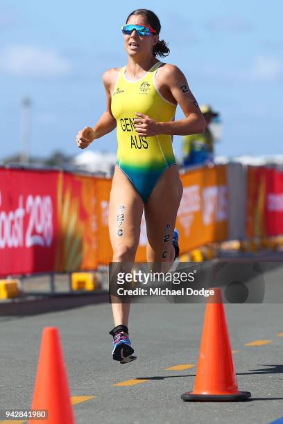 Ashleigh Gentle of Austraia runs during the Mixed Team relay during the Triathlon on day three of the Gold Coast 2018 Commonwealth Games at Southport...