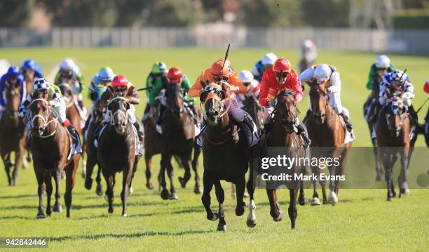 Mark Zahra on Levendi wins race 7 the Australian Derby from Tye Angland on Ace High during day one of The Championships at Royal Randwick Racecourse...