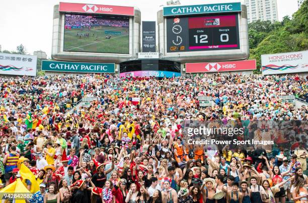 Rugby fans pack the South Stand of the Hong Kong Stadium during the HSBC Hong Kong Rugby Sevens 2018 on April 7, 2018 in Hong Kong, Hong Kong.