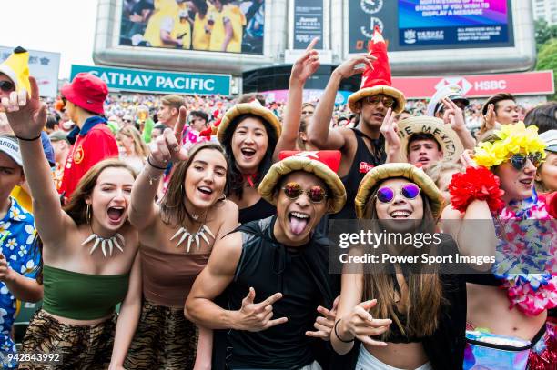 Rugby fans pack the South Stand of the Hong Kong Stadium during the HSBC Hong Kong Rugby Sevens 2018 on April 7, 2018 in Hong Kong, Hong Kong.