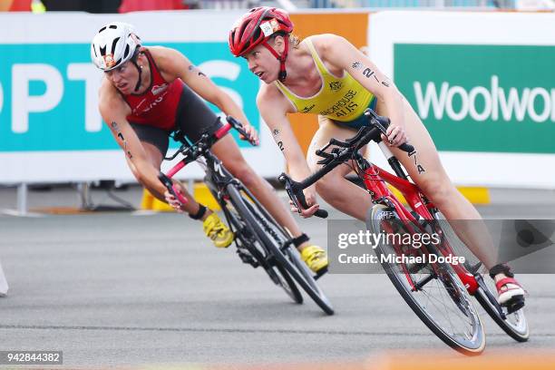 Gillian Backhouse of Austraia rides in the Mixed Team relay during the Triathlon on day three of the Gold Coast 2018 Commonwealth Games at Southport...