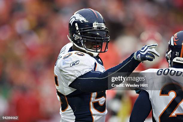 Williams of the Denver Broncos points to the sidelines after making a tackle during a game against the Kansas City Chiefs on December 6, 2009 in...