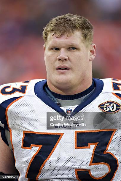 Chris Kuper of the Denver Broncos on the sidelines during a game against the Kansas City Chiefs on December 6, 2009 in Kansas City, Missouri. The...