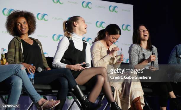 Actresses Erica Luttrell, Rachel Skarsten, Emmanuelle Vaugier and Anna Silk speak at the "Lost Girl Reunion" panel during the ClexaCon 2018...