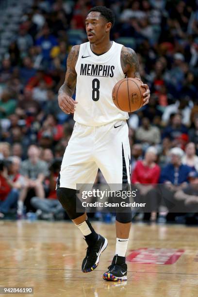 MarShon Brooks of the Memphis Grizzlies dribbles the ball down court during the second half of a NBA game against the New Orleans Pelicans at the...