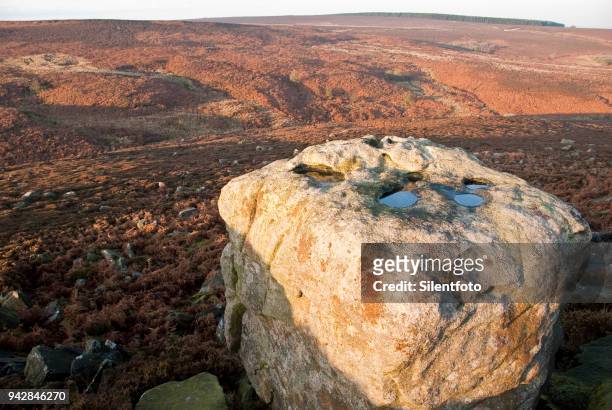 limestone boulder overlooking heather moorland, national peak district - silentfoto sheffield stock pictures, royalty-free photos & images