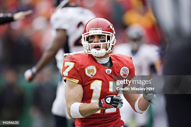 Lance Long of the Kansas City Chiefs gets up after making a catch against the Denver Broncos on December 6, 2009 in Kansas City, Missouri. The...