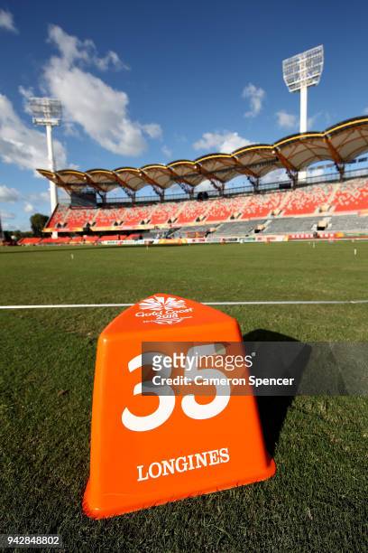 An infield distance marker is seen at the Athletics venue, Carrara Stadium on day three of the Gold Coast 2018 Commonwealth Games at Gold Coast...