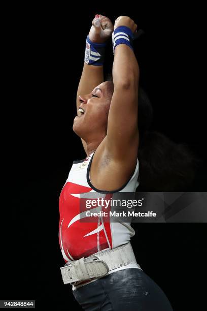 Zoe Smith of England celebrates a successful lift during the Women's 63kg Weightlifting Final on day three of the Gold Coast 2018 Commonwealth Games...