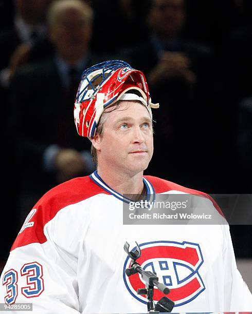 Former Montreal Canadien Patrick Roy is introduced during the Centennial Celebration ceremonies prior to the NHL game between the Montreal Canadiens...