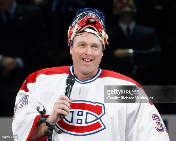 Former Montreal Canadien Patrick Roy speaks to fans during the Centennial Celebration ceremonies prior to the NHL game between the Montreal Canadiens...