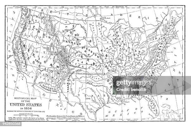 historical map of the united states in 1854 - united states map black and white stock illustrations