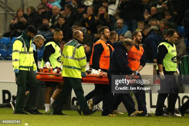 Danny Cipriani of Wasps leaves the on a stretcher during the Aviva Premiership match between Sale Sharks and Wasps at AJ Bell Stadium on April 6,...