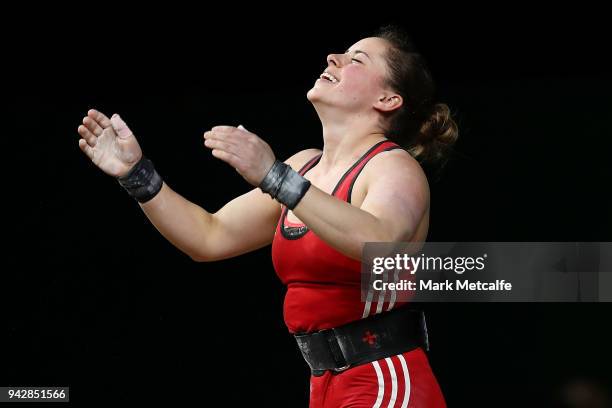 Maude Charron of Canada celebrates winning the Women's 63kg Weightlifting Final on day three of the Gold Coast 2018 Commonwealth Games at Carrara...