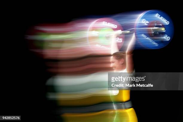 Mona Pretorius of South Africa competes during the Women's 63kg Weightlifting Final on day three of the Gold Coast 2018 Commonwealth Games at Carrara...