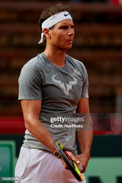 Rafael Nadal of Spain team waits during day one of the Davis Cup World Group Quarter Finals match between Spain and Germany at Plaza de Toros de...