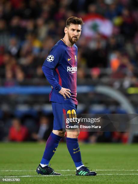 Lionel Messi of Barcelona in action during the UEFA Champions League Quarter Final First Leg between FC Barcelona adn AS Roma at Camp Nou on April 4,...