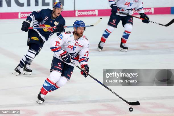 Marcus Kink of Adler Mannheim during the DEL Playoff semifinal match 5 between EHC Red Bull Munich and Adler Mannheim on April 6, 2018 in Munich,...