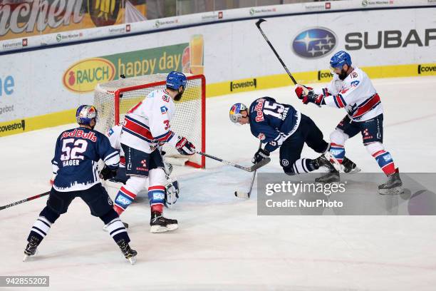 Jason Jaffray of Red Bull Munich during the DEL Playoff semifinal match 5 between EHC Red Bull Munich and Adler Mannheim on April 6, 2018 in Munich,...