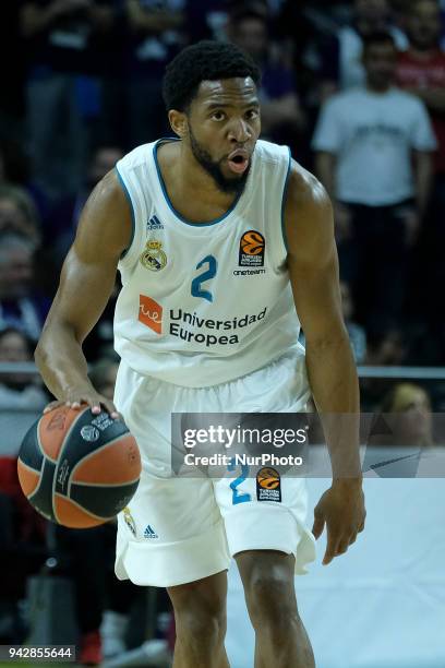 Of Real Madrid in action during the 2017/2018 Turkish Airlines EuroLeague Regular Season Round 30 game between Real Madrid and Brose Bamberg at...