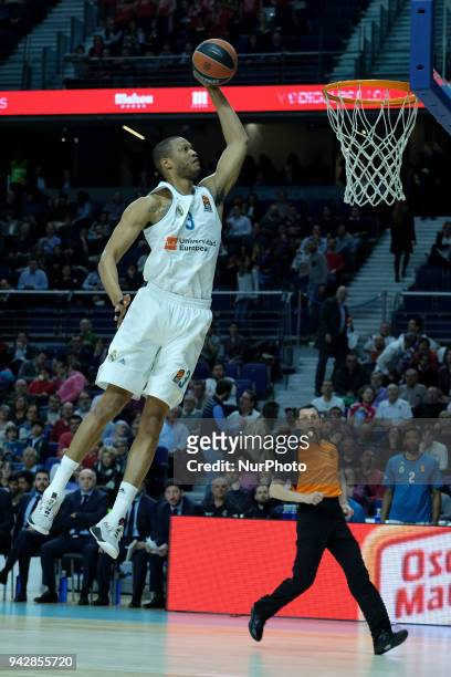 Of Real Madrid in action during the 2017/2018 Turkish Airlines EuroLeague Regular Season Round 30 game between Real Madrid and Brose Bamberg at...