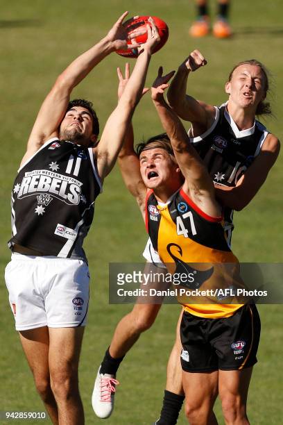 Josh Chatfield of the Rebels James Hickey of the Stingrays and Jacob Lohmann of the Rebels contest the ball during the round three TAC Cup match...