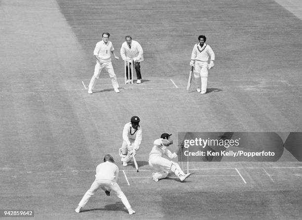 Roy Fredericks of West Indies manages to ground his bat in time to avoid being stumped by England wicketkeeper Alan Knott during the 2nd Test match...