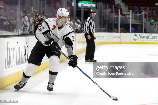 San Antonio Rampage right wing Klim Kostin controls the puck during the third period of the American Hockey League game between the San Antonio...