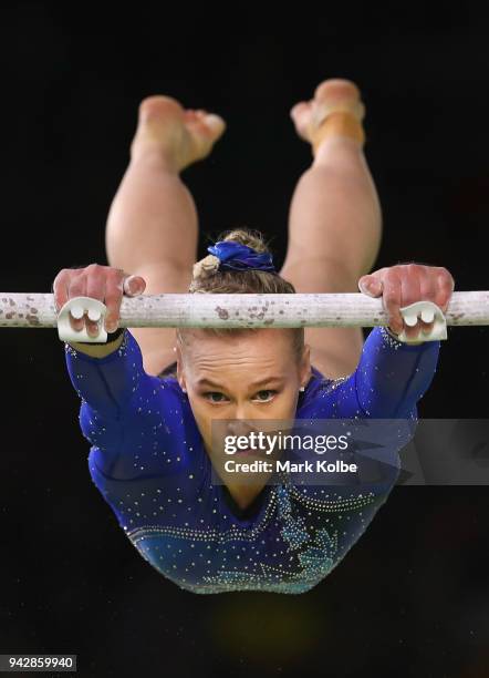 Elsabeth Black of Canada competes on the beam in the Women's Individual All-Around Final during Gymnastics on day three of the Gold Coast 2018...