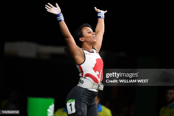 Zoe Smith of England reacts during the women's 63kg weightlifting event at the 2018 Gold Coast Commonwealth Games at the Carrara Sports Arena on the...