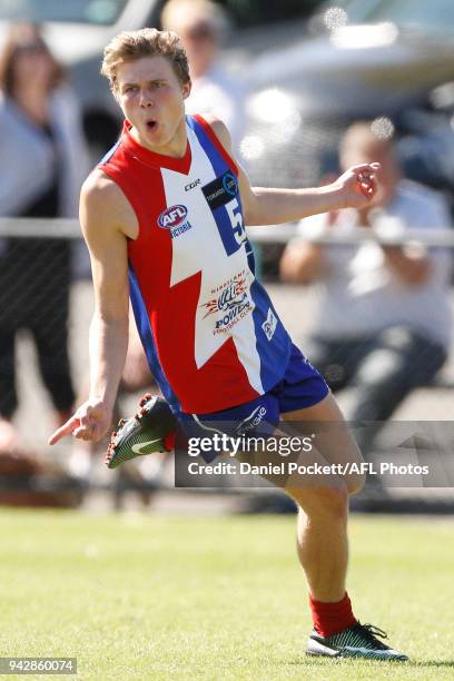 Xavier Duursma of the Power celebrates a goal during the round three TAC Cup match between Bendigo Pioneers and Gippsland Power at Queen Elizabeth...