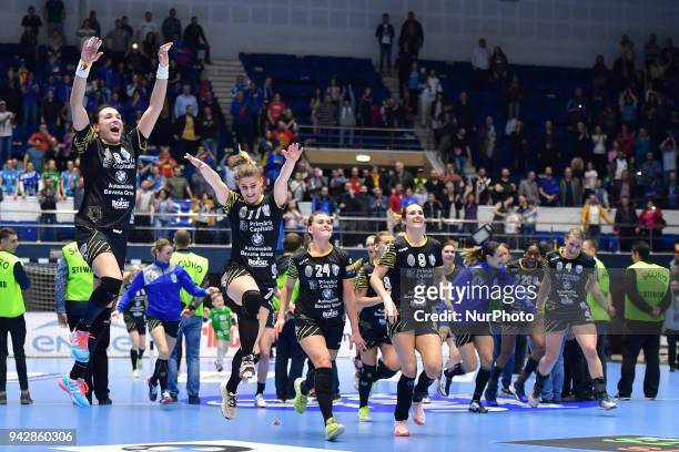 Bucharest's Cristina Neagu, Majda Mehmedovic, Amanda Kurtovic, Sabina Jacobsen, Isabelle Gullden celebrate the victory during 2017/18 EHF Women's...
