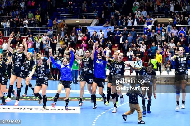 Bucharest's Cristina Neagu, Majda Mehmedovic, Amanda Kurtovic, Sabina Jacobsen, Isabelle Gullden, Camille Saurina Ayglon, Gnonsiane Niombla celebrate...