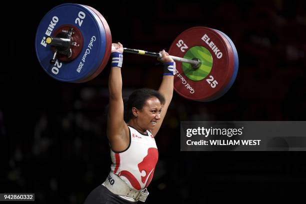 Zoe Smith of England competes in the women's 63kg weightlifting event at the 2018 Gold Coast Commonwealth Games at the Carrara Sports Arena on the...