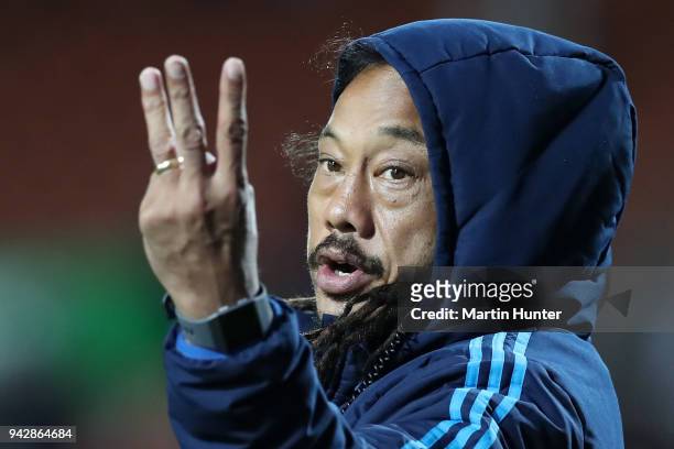 Tana Umaga, Blues head coach during the round eight Super Rugby match between the Chiefs and the Blues at Waikato Stadium on April 7, 2018 in...