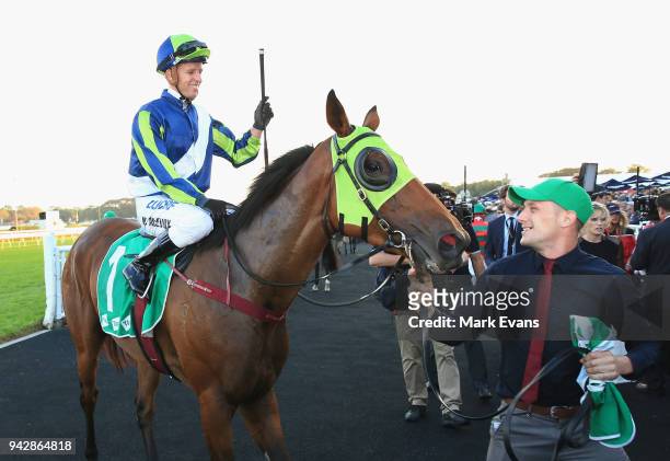 Kerrin McEvoy on Luvaluva returns to scale after winning race10 during day one of The Championships at Royal Randwick Racecourse on April 7, 2018 in...