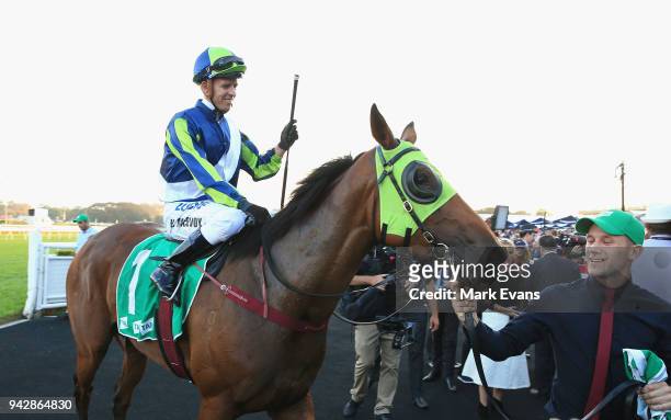 Kerrin McEvoy on Luvaluva returns to scale after winning race10 during day one of The Championships at Royal Randwick Racecourse on April 7, 2018 in...