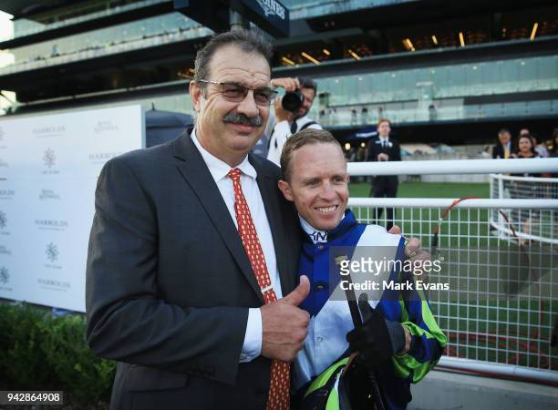 Kerrin McEvoy talks to trainer John Sargent after winning race 10 on Luvaluva during day one of The Championships at Royal Randwick Racecourse on...