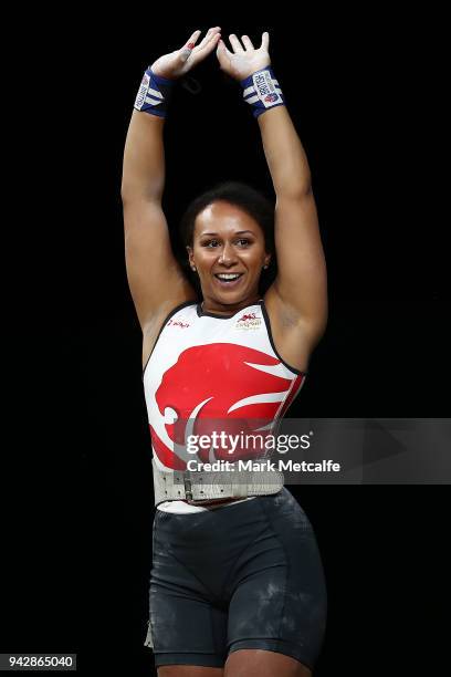 Zoe Smith of England celebrates a successful lift during the Women's 63kg Weightlifting Final on day three of the Gold Coast 2018 Commonwealth Games...