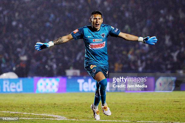 Monterrey's Jonathan Orozco celebrates a scored goal during their first leg final match against Cruz Azul for the 2009 Mexican Apertura at...