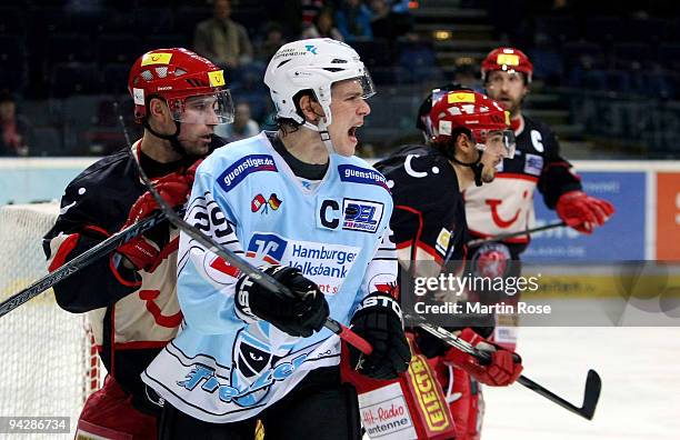 Alexander Barta of Hamburg screams during the DEL match between Hamburg Freezers and Hannover Scorpions at the Color Line Arena on December 11, 2009...