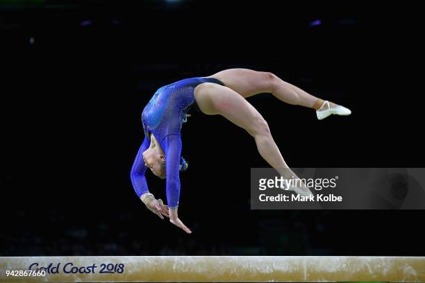 Elsabeth Black of Canada competes on the beam in the Women's Individual All-Around Final during Gymnastics on day three of the Gold Coast 2018...