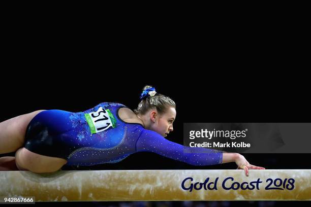 Elsabeth Black of Canada competes on the beam in the Women's Individual All-Around Final during Gymnastics on day three of the Gold Coast 2018...