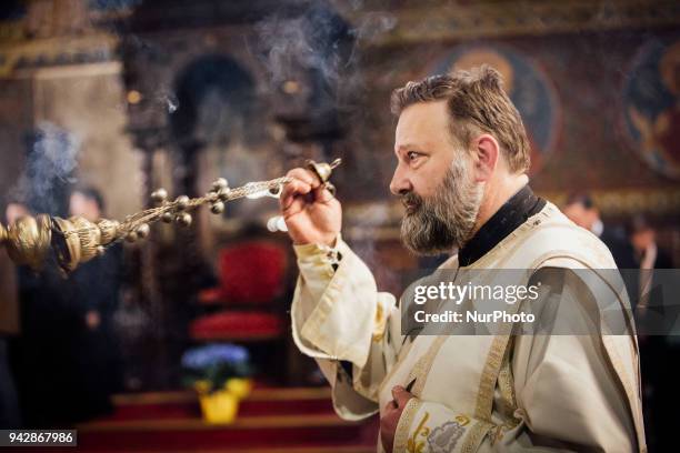 Patriarch Neophyte participates in the removal of the Christ's shroud on Holy Friday at the Metropolitan Cathedral - St. Nedelya on April 6, Sofia,...