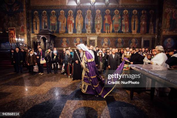 Patriarch Neophyte participates in the removal of the Christ's shroud on Holy Friday at the Metropolitan Cathedral - St. Nedelya on April 6, Sofia,...