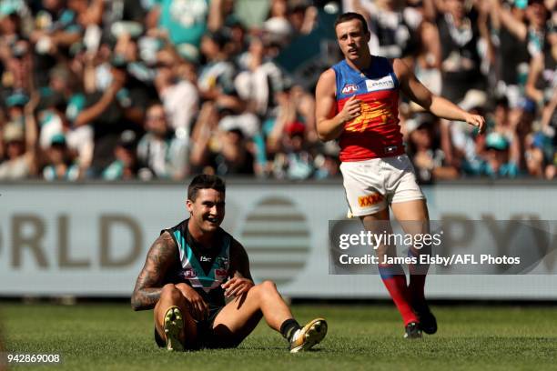Chad Wingard of the Power celebrates a goal during the 2018 AFL round 03 match between the Port Adelaide Power and the Brisbane Lions at Adelaide...