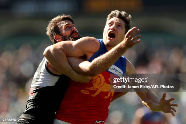 Stefan Martin of the Lions competes with Justin Westhoff of the Power during the 2018 AFL round 03 match between the Port Adelaide Power and the...