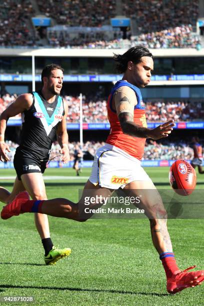 Rohan Bewick of the Lions during the round three AFL match between the Port Adelaide Power and the Brisbane Lions at Adelaide Oval on April 7, 2018...