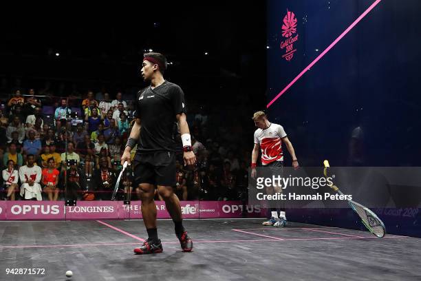 Nick Matthew of England breaks his racquet during his Men's Singles Quarter Final match against Nafiizwan Adnan of Malaysia on day three of the Gold...